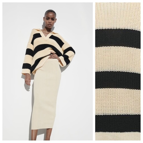 NWT. Zara Cream/Black V-Neck Oversized Striped Sweater. Size M-L. - Picture 2 of 11